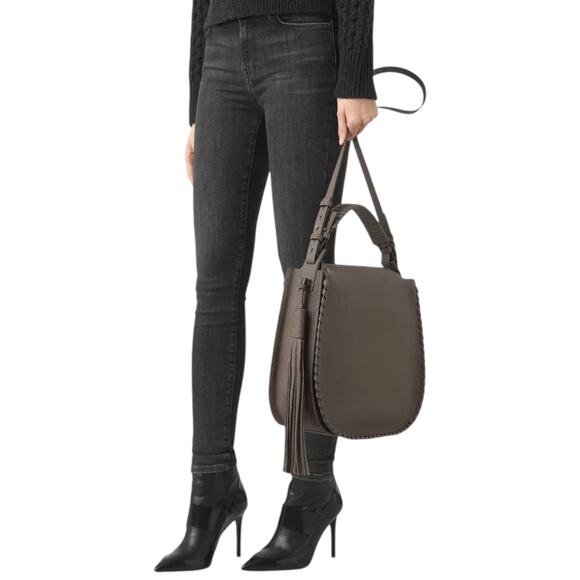All Saints Mori Hobo Pebble Leather Bag Large Crossbody Bag Mink Grey - Picture 1 of 13